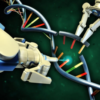 Two robotic arms modifying a dna helix. Digital illustration.